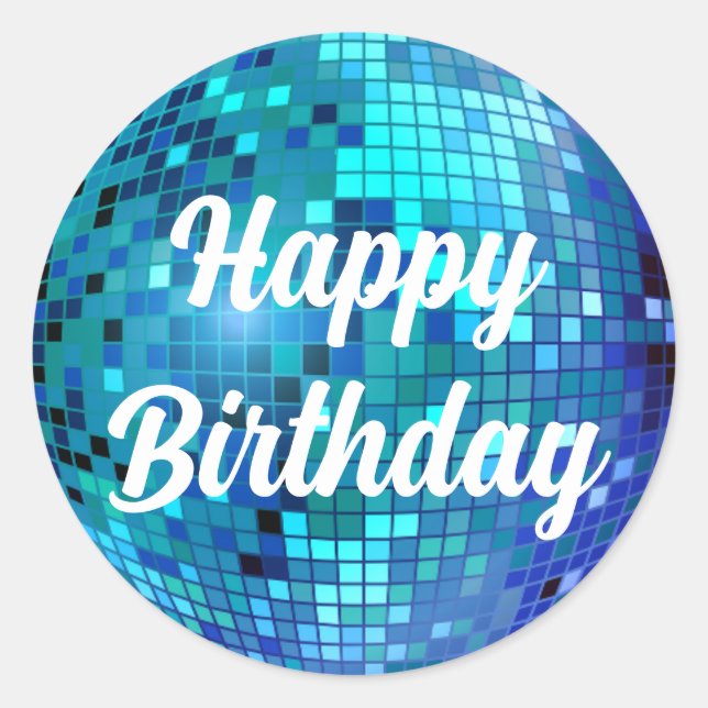 Sticker Rond joyeux anniversaire 3d bleu disco balle (Devant)