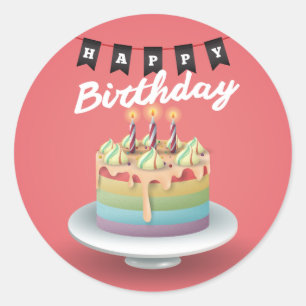 Sticker Rond Joyeux Anniversaire 3D gâteau lapin noir