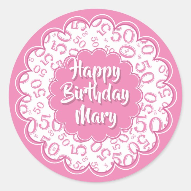 Sticker Rond Joyeux anniversaire 50e numéro Motif rose et blanc (Devant)