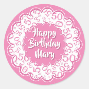 Sticker Rond Joyeux anniversaire 50e numéro Motif rose et blanc