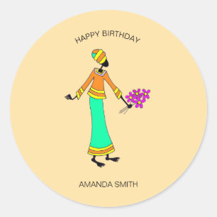 Sticker Rond Joyeux anniversaire Abstrait, dame et floral
