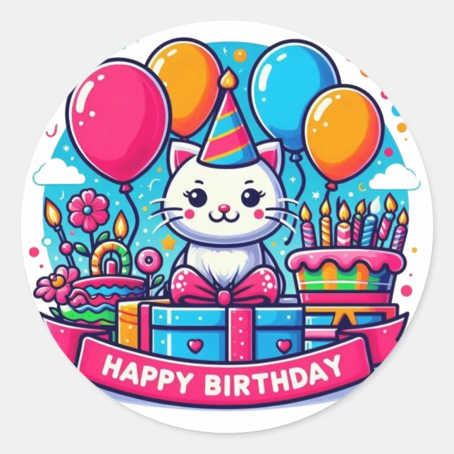 Sticker Rond Joyeux Anniversaire Adorable Chat Kitty (Devant)