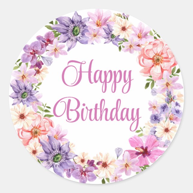 Sticker Rond joyeux anniversaire, aquarelle fleurs violettes st (Devant)