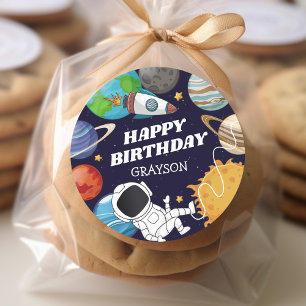 Sticker Rond Joyeux Anniversaire Astronaute Spatial