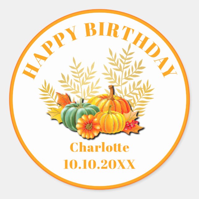 Sticker Rond Joyeux anniversaire Automne Feuilles et citrouille (Devant)