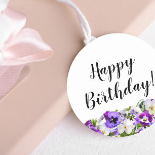 Sticker Rond Joyeux Anniversaire avec lunettes violettes fleurs