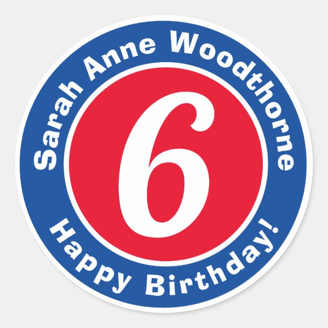 Sticker Rond Joyeux anniversaire avec nom et âge 6 (Devant)
