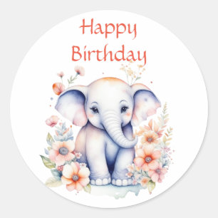 Sticker Rond Joyeux anniversaire bébé éléphant aquarelle