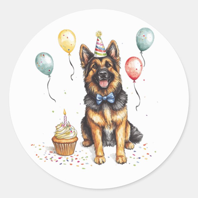 Sticker Rond Joyeux Anniversaire Berger Allemand (Devant)