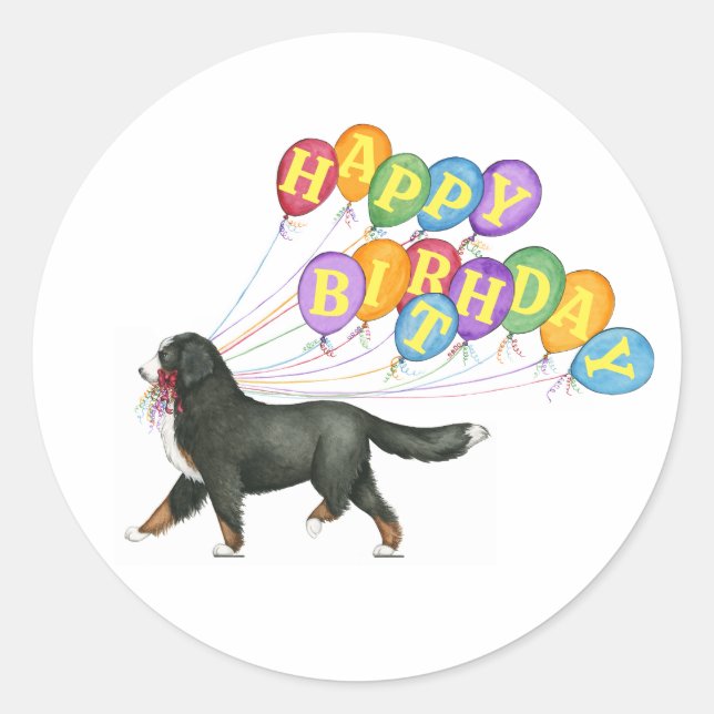 Sticker Rond Joyeux anniversaire Bernese Mountain Dog (Devant)