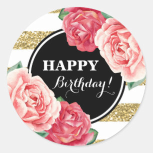 Sticker Rond Joyeux Anniversaire Black Gold Stripes rose Floral
