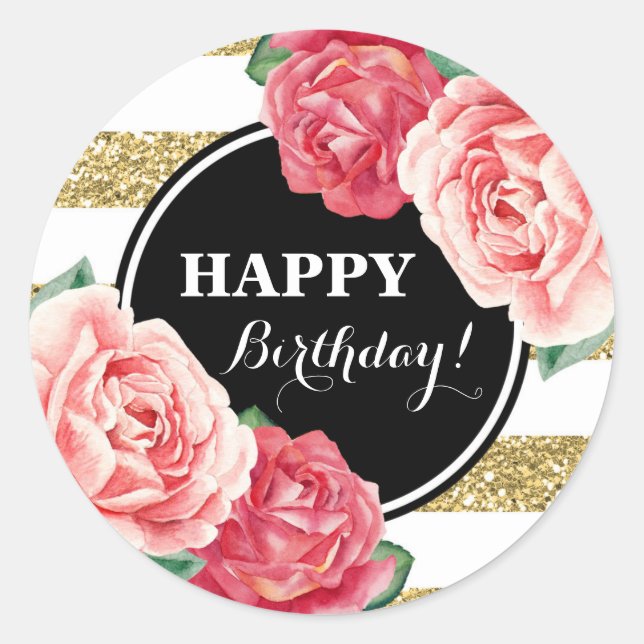 Sticker Rond Joyeux Anniversaire Black Gold Stripes rose Floral (Devant)