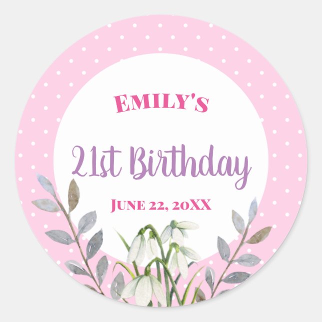 Sticker Rond Joyeux Anniversaire blanc neige gouttes Pink Polka (Devant)