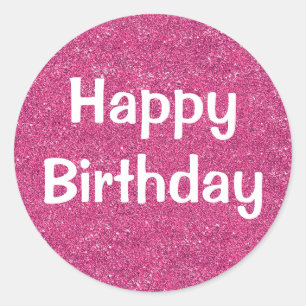 Sticker Rond Joyeux Anniversaire Blanc Violet Paillettes Étince