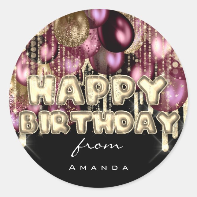 Sticker Rond Joyeux Anniversaire Bourgogne Silver BALLONS Or No (Devant)