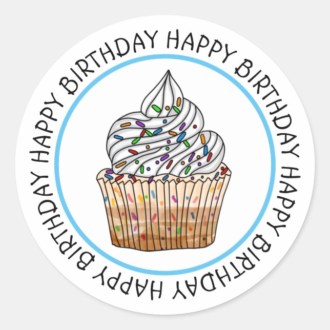 Sticker Rond Joyeux Anniversaire Cartoon Vanilla Cupcake (Devant)