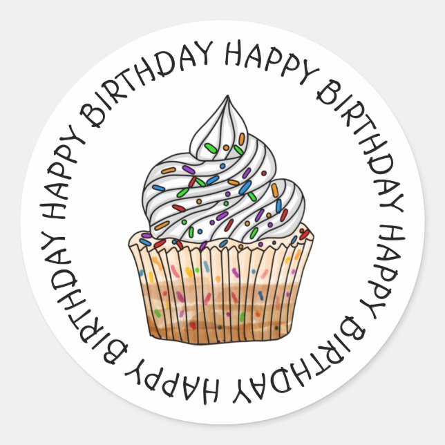 Sticker Rond Joyeux Anniversaire Cartoon Vanilla Cupcake (Devant)