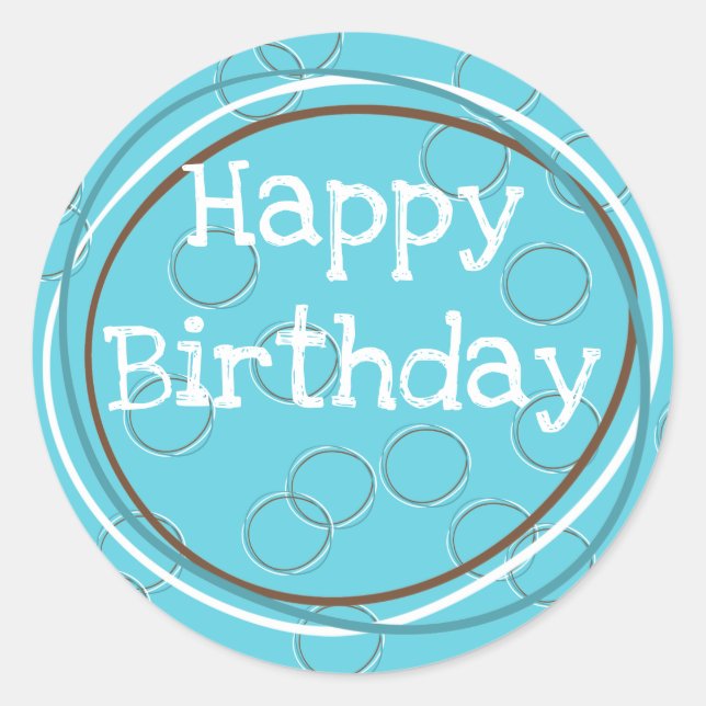 Sticker Rond Joyeux Anniversaire Cercles Turquoise Blanc Marron (Devant)