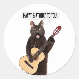 Sticker Rond Joyeux Anniversaire Chat chantant et jouant de la