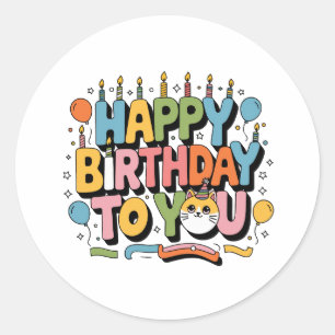 Sticker Rond Joyeux Anniversaire Chat Mignon
