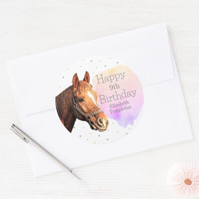 Sticker Rond Joyeux Anniversaire Cheval Retour équitation Joli  (Enveloppe)