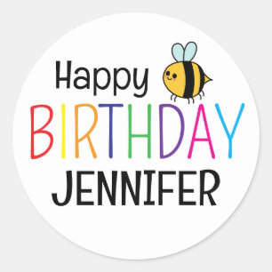 Sticker Rond Joyeux Anniversaire Coloré Abeille Personnalisé 