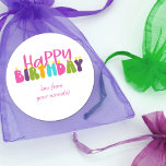Sticker Rond Joyeux Anniversaire Colorful Candle Typographie<br><div class="desc">Happy Anniversaire autocollant que vous pouvez personnaliser pour tout enfant ou jeune à coeur ami ou relation. Le design a des bougies colorées en lettré dans la jolie et lunatique typographie rétro super en rose,  violet,  vert citron,  bleu turquoise et jaune.</div>