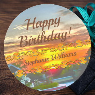 Sticker Rond Joyeux Anniversaire Coucher de Soleil 2295