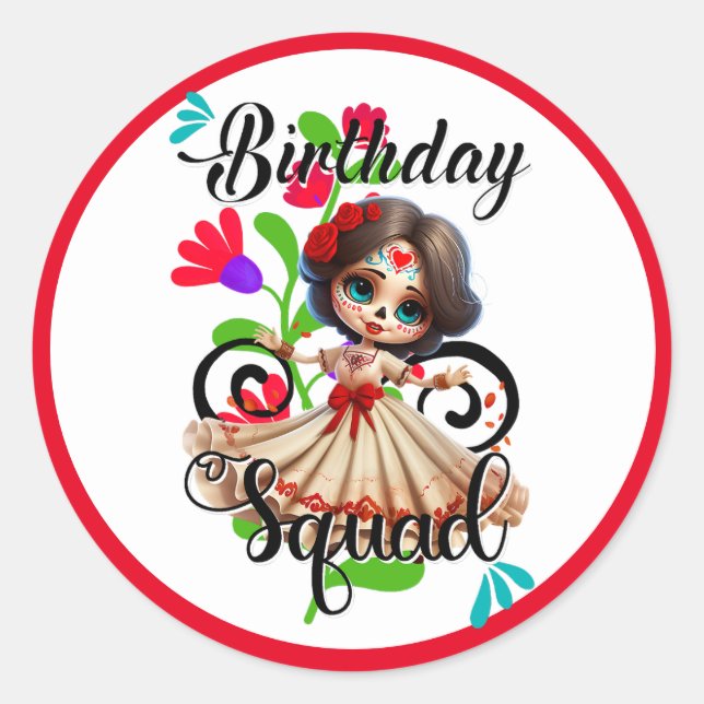 Sticker Rond Joyeux Anniversaire Crâne de Sucre Mignon (Devant)