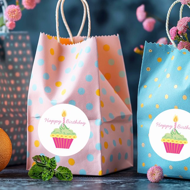 Sticker Rond Joyeux Anniversaire Cupcake rose (Créateur téléchargé)