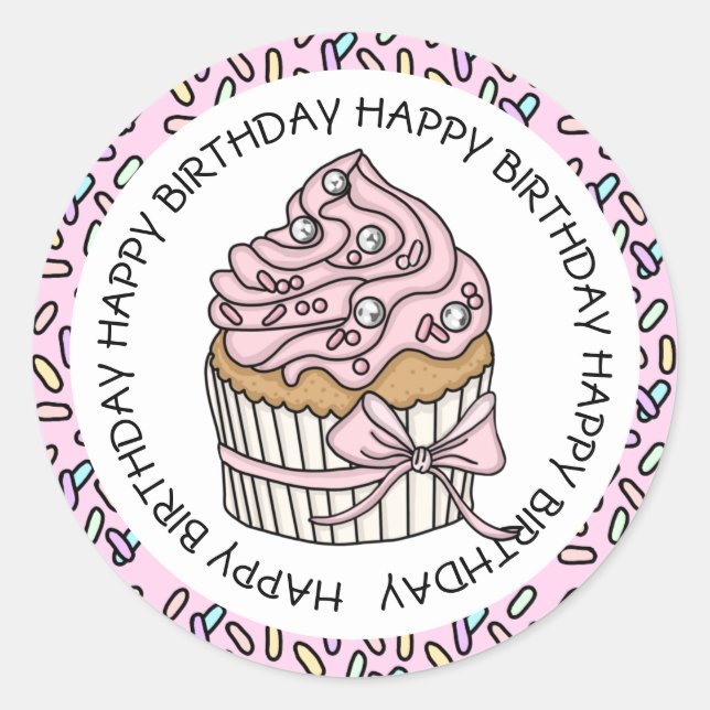 Sticker Rond Joyeux Anniversaire Cupcake Rose et Vanille   (Devant)