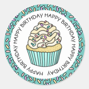 Sticker Rond Joyeux Anniversaire Cupcake Teal et Vanille