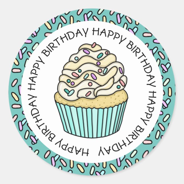 Sticker Rond Joyeux Anniversaire Cupcake Teal et Vanille  (Devant)