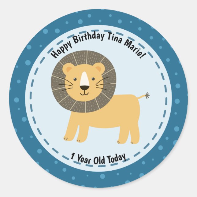 Sticker Rond Joyeux Anniversaire Cute Lion Zoo Animaux (Devant)