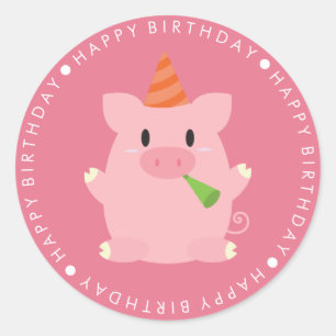 Sticker Rond Joyeux Anniversaire De Cochon Rose