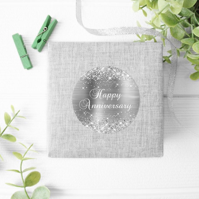 Sticker Rond Joyeux Anniversaire de Mariage Paillettes Argentée (Silvery Glitter Favor Stickers)