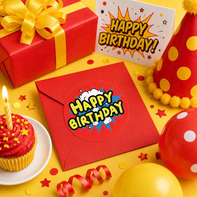 Sticker Rond Joyeux Anniversaire de style bande dessinée (Créateur téléchargé)