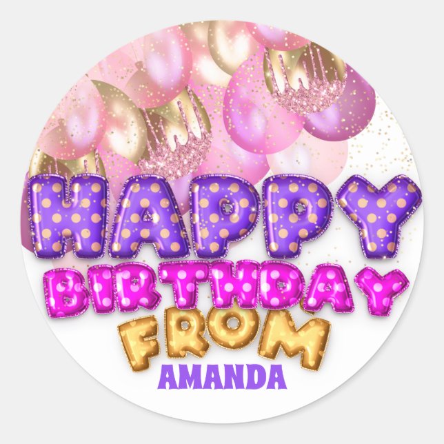 Sticker Rond Joyeux Anniversaire Du Nom Ballons Rose Purple Or (Devant)