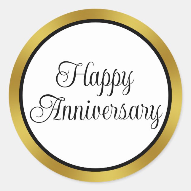 Sticker Rond Joyeux Anniversaire Écriture Cursive Noir Blanc Or (Devant)