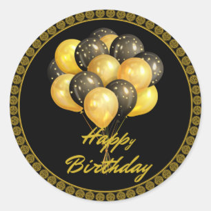 Sticker Rond Joyeux anniversaire, élégant noir et or,