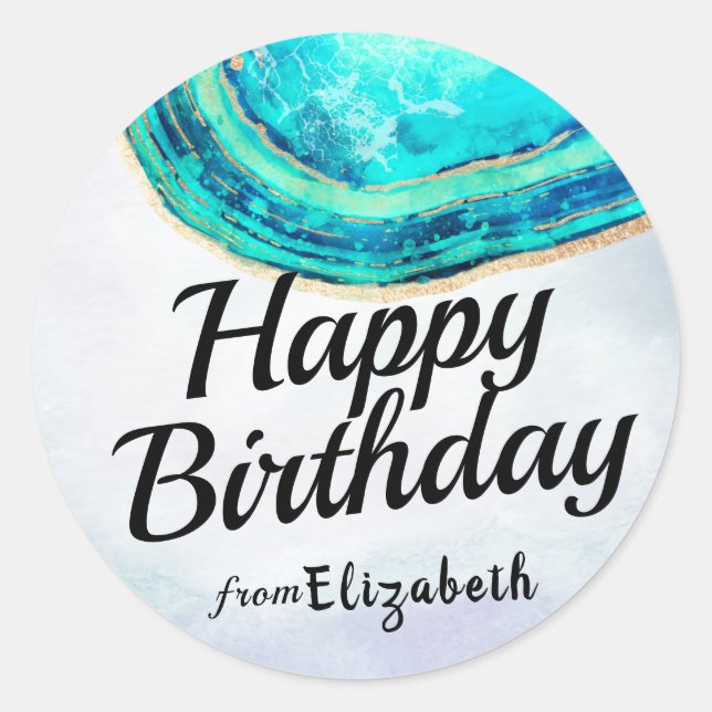 Sticker Rond Joyeux Anniversaire Elegant Turquoise Gold Agate G (Devant)