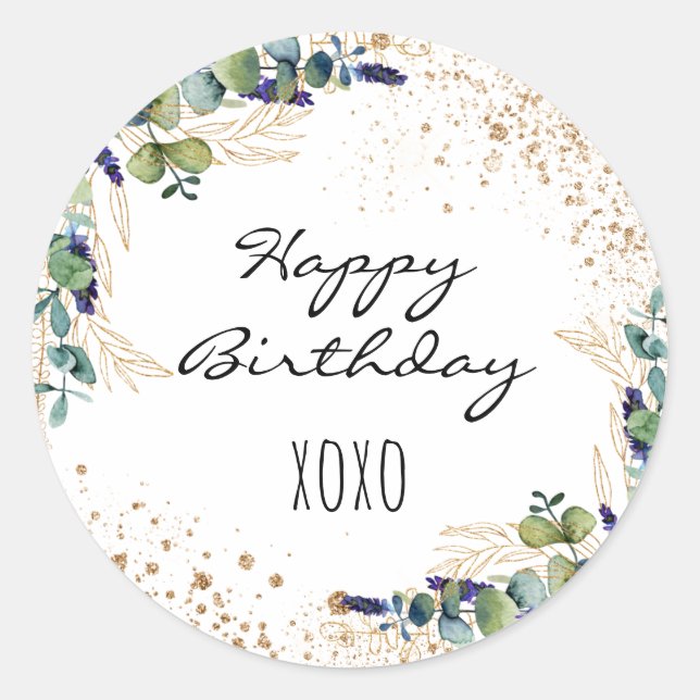 Sticker Rond Joyeux anniversaire eucalyptus verdure parties sci (Devant)