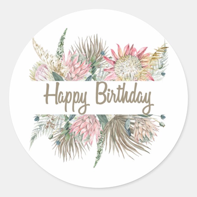 Sticker Rond Joyeux Anniversaire Exotique Fleurs, Partir (Devant)