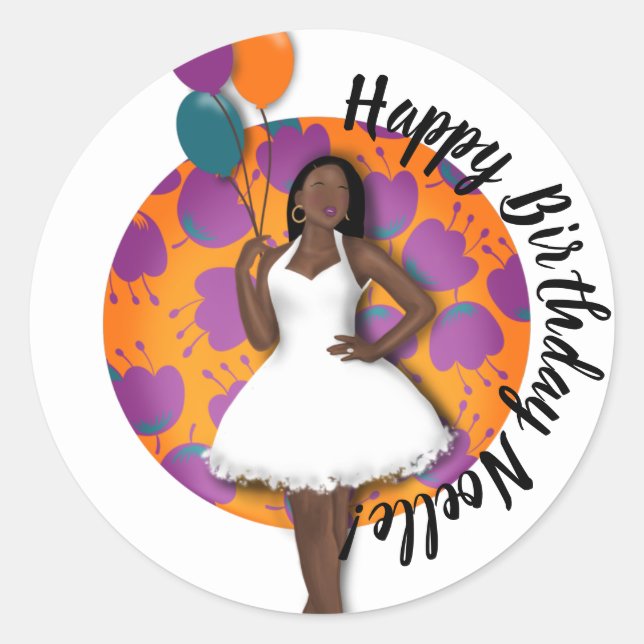 Sticker Rond Joyeux anniversaire ! Femme noire, Ballons & Fleur (Devant)