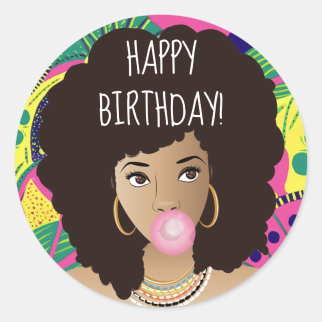Sticker Rond Joyeux anniversaire ! Femme noire, Bubblegum, Colo (Devant)
