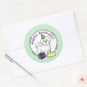 Sticker Rond Joyeux anniversaire (fête) Bichon Frise Dog - mign