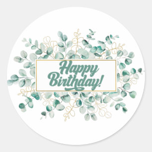 Sticker Rond Joyeux Anniversaire Feuilles verts et Golden Eucal