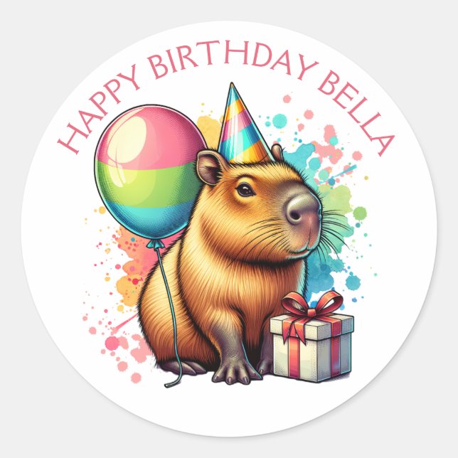 Sticker Rond Joyeux anniversaire fille sur le thème du capybara (Devant)