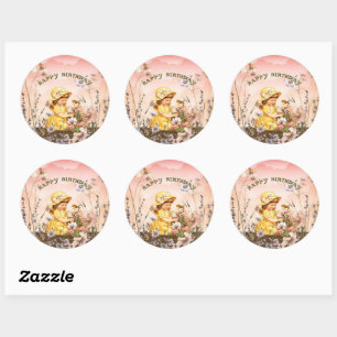 Sticker Rond Joyeux Anniversaire Fille Vintage Fleurs dans un P