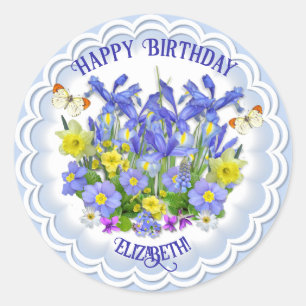 Sticker Rond Joyeux Anniversaire Fleurs de Printemps et Papillo